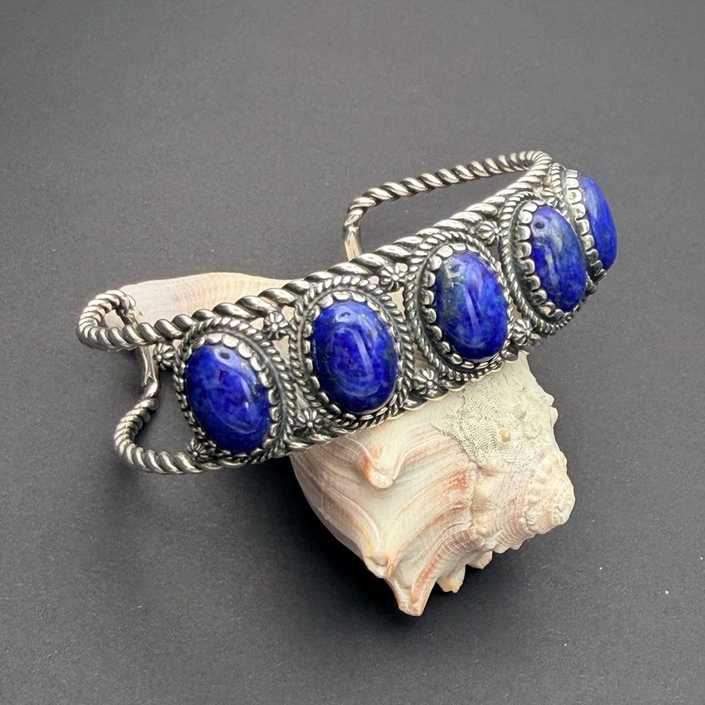 CAROLYN POLLACK SS Cuff Bracelet | 5 Lapis Lazuli Gems| Wisdom, Truth, Royalty